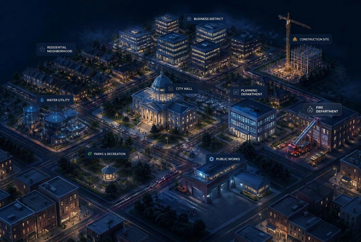 Isometric city showing every municipal department connected